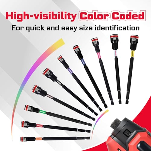Geinxurn Impact Nut Driver Set, 5 Pieces 6”Long 1/4”5/16”3/8”7/16”1/2”6 Point Alloy Steel Magnetic SAE Nut Setter Set Use For Require Installing 1/4 Hex Shank Impact Driver with Case Box - size: 6", style: MIXS-5pcs