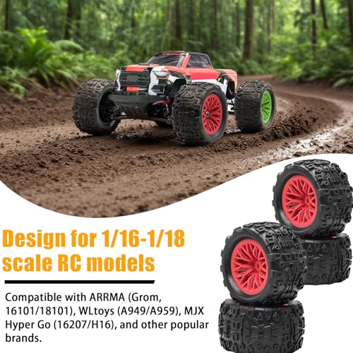 Pre-Glued 1/16 & 1/18 RC Monster Truck Rubber Tire & Nylon Wheel - 12mm Hex | Rubber Tires with Foam Fits for ARRMA 1/18 Granite/Typhon Grom, WLtoys A949, MJX Hyper Go H16 (4PCS, Red) - color: Red