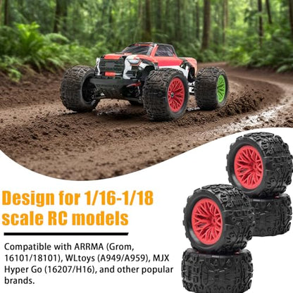Pre-Glued 1/16 & 1/18 RC Monster Truck Rubber Tire & Nylon Wheel - 12mm Hex | Rubber Tires with Foam Fits for ARRMA 1/18 Granite/Typhon Grom, WLtoys A949, MJX Hyper Go H16 (4PCS, Red) - color: Red