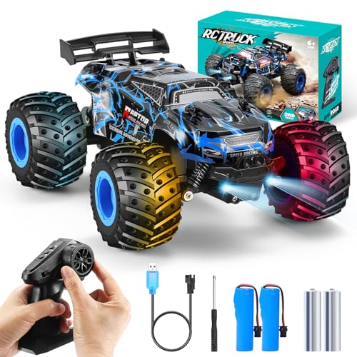 Remote Control Car, Rechargeable 1:18 Rc Cars, All-Terrain RC Truck | Remote Control Truck for Boys 4-7 8-12 with LED Light, 20KM/H, 2WD, 2.4GHz, Sturdy PVC Shell, Beginner-Blue - color: Blue