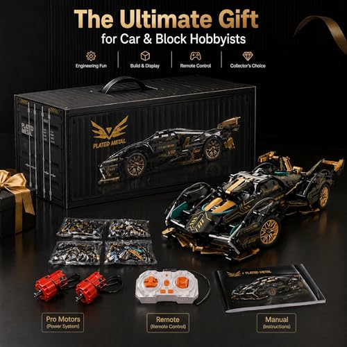 RC Car Building Kit, 1:14 App Control Car Kit with LEDs | car kit with 975 pieces, LED lights, motorized functions, and dual control; built for collection, display, gifting.