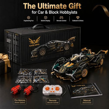 RC Car Building Kit, 1:14 App Control Car Kit with LEDs | car kit with 975 pieces, LED lights, motorized functions, and dual control; built for collection, display, gifting.