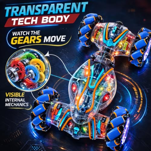 Gesture Control RC Car for Kids – Transparent Colorful Twist Drift Stunt Car, Hand Gesture Sensor, 4WD Double-Sided Car, 360° Spins & Flips, LED Lights, Spray Exhaust, All-Terrain Toy Boys 6-12