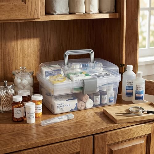 MyGift 10.2 Inch Transparent Plastic Empty Arts and Crafts Tackle Box | Gray Handle and Removable Tray for Tools, First Aid, Sewing Kit Clear Storage Container Craft Supplies Organizer Bead Jewelry