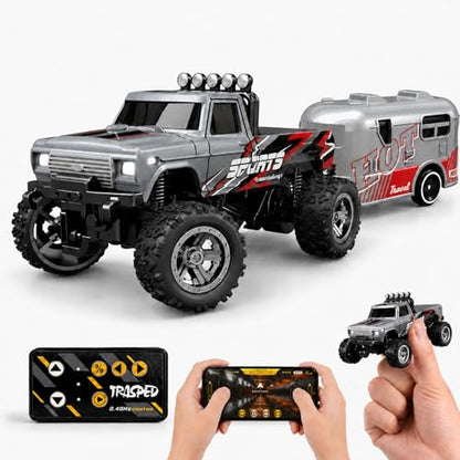 1:64 Scale Mini Remote Control Monster Truck with Trailer | 2.4GHz & App Dual Control, Alloy Mini RC Car with LED Lights, Portable Pocket Toy Car for Kids & Adults, Gift for Boys (Grey) - color: Grey