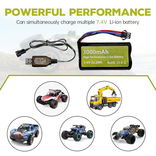 sea jump 7.4V 3000mah 15C 2S Li-ion Battery with SM-3P Plug and USB Charger Suitable for DE43 DE60 9500E 9309E RC Car Model Truck Huina 1575 RC Engineering Vehicle RC Remote Control Toy Car Battery