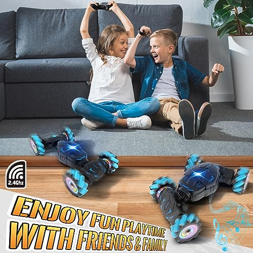 Pristar RC Cars Gesture Sensing Stunt Car, Best Gifts for Boys 6-12 | 2.4Ghz Remote Control Car Toys for Boys Age 6 7 8 9 10 11 12, Double Sided Flip 360° 4WD Off-Road with Spray Lights Music - color: Blue-black