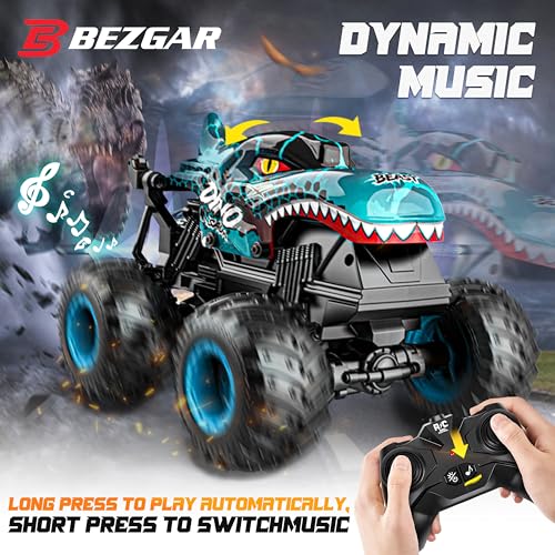 BEZGAR Monster Truck Toys, 1:20 Remote Control Car with Two Shell | Blue Dinosaur Toys, RC Truck with 360° Spins and Drifting, Toy Car Gifts for Boys with Light and Music, 20 Mins Battery Life - color: Two Shells