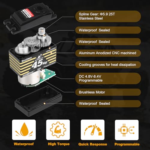 HobbyPark Waterproof RC Servo High Torque Brushless Motor Metal Gear Digital Servo for 1/8 1/10 RC Crawler SCX10 TRX4 RC Truck Car Buggy RC Basher Control Angle 90°-180° (45kg Torque)