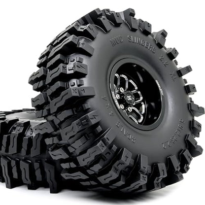 HOBBYSOUL RC 2.2'' beadlock Wheels and Tires - 5.9'' Tall Mud Slingers XL | -11mm negative offset beadlock wheel Black rims, T8 Compound Tire, For 1/10 RC Crawlers Truck Upgrades - color: Black, size: 150mm / 5.9inch Tall