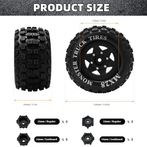 MX28 F/R 2.8" RC Car Tires with 12mm/14mm Hex Adapter RC Wheels and Tires Set 1/10 Scale RC Truck Tires for Arrma Big Rock Granite Traxxas Rustler Stampede VORTEKS 3S 4PCS (Style B) - Black - color: Black