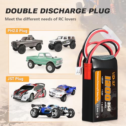 SCX24 Battery 7.4V 1200mAh Lipo Battery 2S 35C(Burst 70C) with PH2.0 JST Plug Fit for SCX24 RC Car WLtoys A949 A959 A969 A979 K929 and Most 1/10 1/16 1/18 1/24 RC Truck