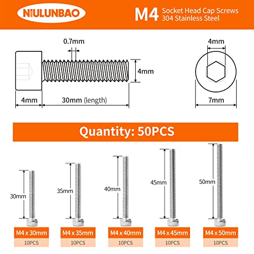 M4 x 30mm 35mm 40mm 45mm 50mm Hex Socket Head Cap Screws Bolts, 304 Stainless Steel, Metric Machine Fully Threaded, Bright Finish, Allen Hex Drive, Assortment Kit 50PCS - size: M4 x 30/35/40/45/50mm (50PCS)