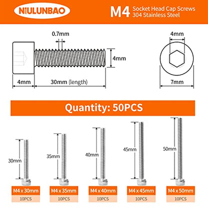 M4 x 30mm 35mm 40mm 45mm 50mm Hex Socket Head Cap Screws Bolts, 304 Stainless Steel, Metric Machine Fully Threaded, Bright Finish, Allen Hex Drive, Assortment Kit 50PCS - size: M4 x 30/35/40/45/50mm (50PCS)