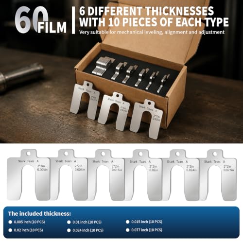 60PCS 304 Stainless Steel Shim Kit, 2" x 2" Slotted Assortment Box | 6 thicknesses for precise leveling, spacing, and alignment in machinery, repair, and installation tasks - size: 2 x 2 inches