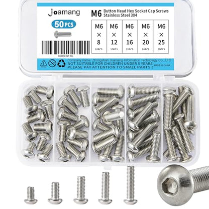 M6 x 8mm 12mm 16mm 20mm 25mm Button Head Socket Cap Screws Bolts, Stainless Steel 304, Metric Allen Hex Drive, Bright Finish, Fully Threaded, Assortment Kit 50PCS - size: Button M6x8-25 mm
