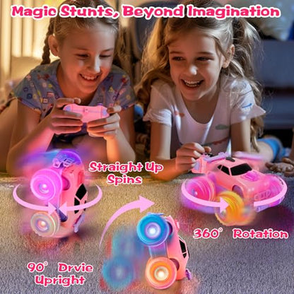 Drefirsa Princess Remote Control Car, Pink Monster Truck Girl Age 4-7 8-12 | DIY Sticker, Colorful Wheel Lights, Headlight, Stunt Car, Mist Spray, Toy for 3 4 5 6 7 8 Year Old Girl Birthday Gift - color: Pink