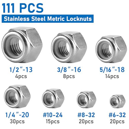 111 Pack 304 A2-70 Nylon Inset Lock Nuts, SAE | Stainless Steel Nylock Nuts, #6-32 #8-32 #10-24 1/4-20 5/16-18 3/8-16 1/2-13, Anti-Loose for Industrial & Home Fastening - color: Silver, size: SAE