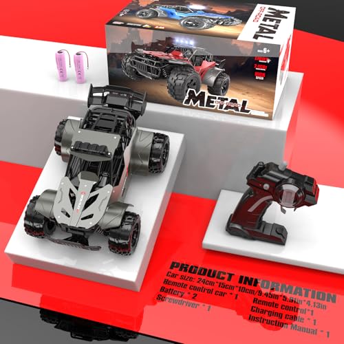Remote Control Car 2.4GHz Metal Shell Speed 20KM/H Monster RC Truck with LED Headlight RC Car Two Rechargeable Batteries 50 Min Playtime Gifts for Kids 6-12