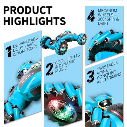 Gesture Sensing RC Stunt Car with Light Music and Mist Spray for Kids 6+, 4WD Off-Road Drift Remote Control Car, 2.4GHz Glove Remote, Rechargeable Toy Vehicle for Boys and Girls Birthday Gift - color: Blue
