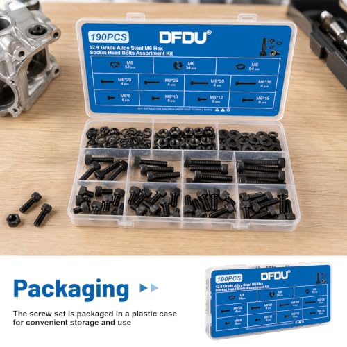190PCS M6 Screws with Nuts Assortment Kit | M6x8/10/12/16/20/25/30/35 mm, Hex Socket Head Cap Bolts, 12.9 Alloy Steel, Black Zinc Plated, Anti-Rust, For DIY, furniture - size: G12.9 M6 190PCS