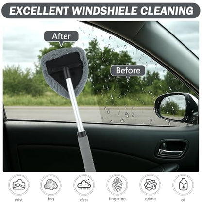 8 Pcs Car Window Cleaner Kit Triangle Shape Include Windshield Cleaning Tool with Extendable Handle 5 Microfiber Bonnets 1 Car Ventilation Brush 1 Empty 50ml Spray Bottle Glass Wiper Kits, Grey - color: Grey