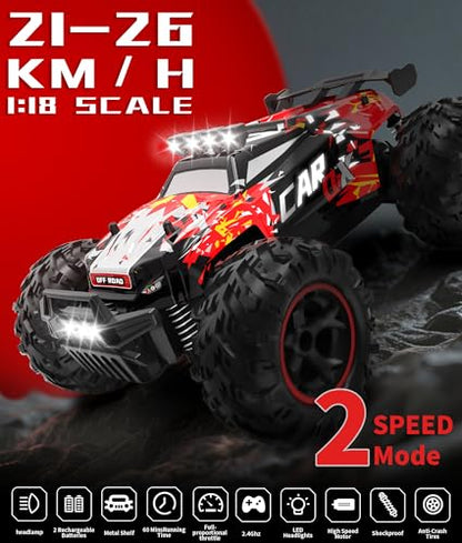 Remote Control Car 26KM/H with Proportional Throttle- 1:18 RC Car | Proportional Throttle, Fast Speed Car with Trubo Button, 2.4GHz Remote Control Off-Road Car for Kids 8-12 with LED Lights - color: Red