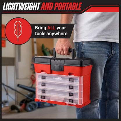 Portable Tool Storage Box - Small Parts Organizer with 4 Multi-Compartment Trays for Fishing Tackle, Hand Tools, or Craft Supplies by Stalwart