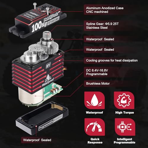 HobbyPark Waterproof 1380oz-in 100KG Servo 16.8V HV Servo High Torque Servo Brushless Motor Full Metal Gear RC Servo Programmable for 1/8 1/10 RC Crawler Truck RC Car Buggy Robotic Control Angle 180°
