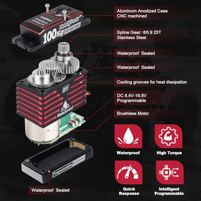 HobbyPark Waterproof 1380oz-in 100KG Servo 16.8V HV Servo High Torque Servo Brushless Motor Full Metal Gear RC Servo Programmable for 1/8 1/10 RC Crawler Truck RC Car Buggy Robotic Control Angle 180°