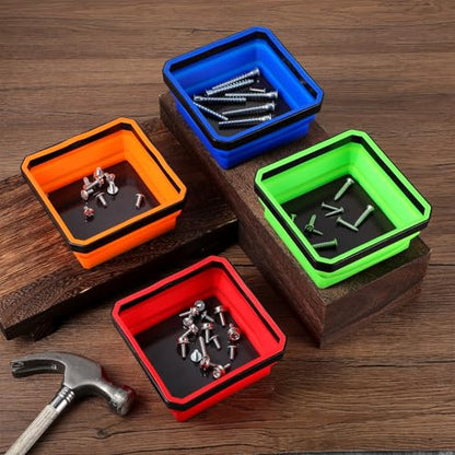 4 Pcs Foldable Magnetic Parts Tray, 4.25 Inch Square Foldable Silicone Tool Organizer with Dual-Sided Magnetic Base, for Screws, Bolts, Nuts, and Small Metal Parts Storage In 4 Colors