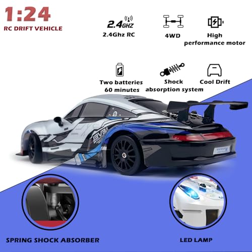 HTURCCOP RC Drift Car 2.4GHz 1:24 Scale 4WD High Speed Remote Control Cars Vehicle with LED Lights Two Batteries and Drifting Tires Racing Sport Toy Cars for Adults Boys Girls Kids - color: White