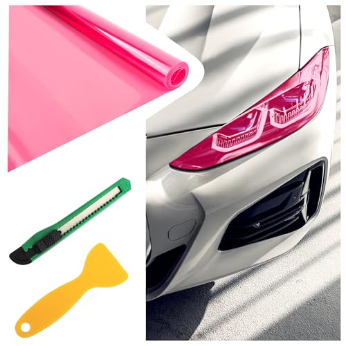 12×47 Inch Car Headlight Tint Film,Self-Adhesive Tail Light Tint Film Kit with Squeegee & Cutter,Universal Taillight Tints Films Automotive Exterior Accessories for Car Fog (Pink) - color: Pink
