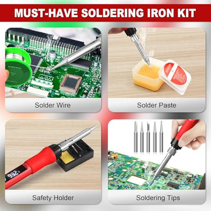 Soldering Iron Kit, 100W Soldering Gun with LED Digital Display, Adjustable Temperature 356-932℉ Solder Kit for Electronics, Includes Soldering Iron Tip, Solder Wire, Stand, Tweezers and Paste, Red - color: Red