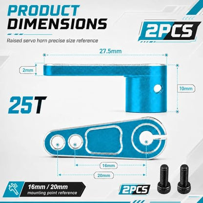 2PCS 25T Aluminum Raised Servo Horn for Futaba Savox Power HD 1/8 1/10 RC | CNC Servo Arm With M3 Threaded 16mm 20mm Holes for RC Off-Road Crawler Drift Racing Car Steering Linkage Clearance Upgrade - color: Blue