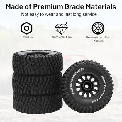 1/16 RC Car Tires and Wheels, daitoku 12mm Hex RC Truck Tires for 1/14 1/16 ARRMA Mojave GROM 223S 4x4 RTR MJX 14211 JJRC Q130c HBX 3100 - (Black) - color: Black