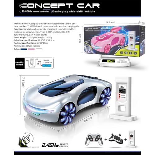 2.4G Gesture Sensing RC Stunt Car, LED Drift Racing Car with Spray Boost, USB Charging Station & Music Effects – 360° Flip Toy Gift (Handle+Watch RC Version) - color: White