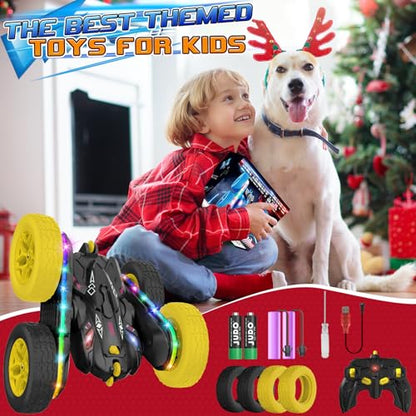Jimdella Remote Control Car,RC Cars with Sides Light Strip and Headlights,Double Sided 360 Flips Rotating RC Stunt Car,2.4Ghz All Terrain Toys for Ages 4-8 Kids Toy for Boys Birthday Gift(Black)
