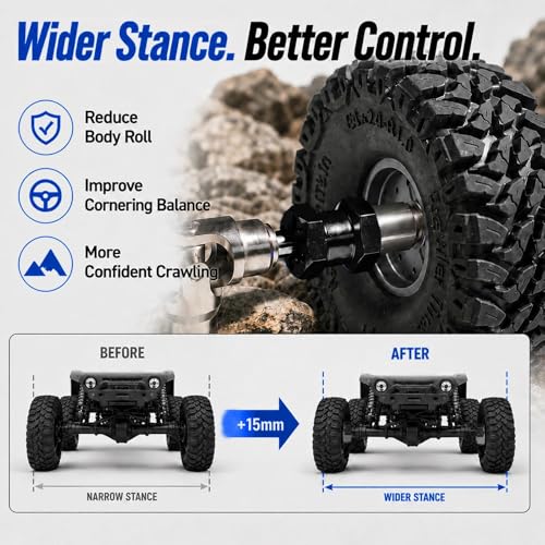 4PCS 12mm Hex Hub 15mm Aluminum Extension Hex for Axial SCX10 D90 90046 | 15mm CNC Wheel Hex Extenders for 1/10 RC Crawlers Redcat Gen7/Gen8 CC01 RC4WD Wider Stance & Tire Clearance with M4 Nuts Pins - color: Black