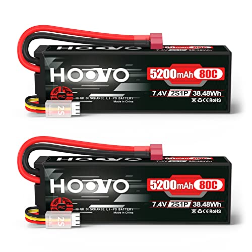 HOOVO 2S 7.4V 5200mAh 80C RC LiPo Battery Hard Case with T Connector 2 Pack | for RC Buggy Vehicles Car Boat Truck - style: 2S 5200mAh