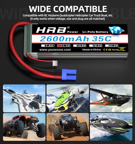 HRB 2PCS 3S 2600mAh Lipo Battery 11.1V 35C EC3 Compatible with RC Plane