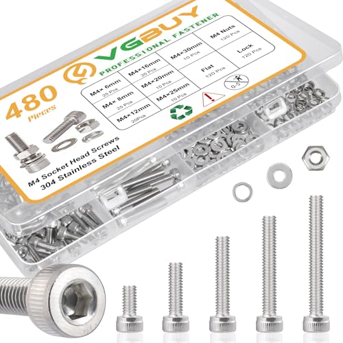 VGBUY 480pcs M4 Screws Assortment, M4 Screws (7 Sizes 6-30mm) for 3D Printer DIY, Hex Socket Head Cap Screw Bolts Nuts Washer Kit, 304 Stainless Steel, 6/8/12/16/20/25/30mm - size: M4x6/8/12/16/20/25/30mm, style: Socket Head