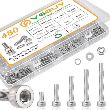 VGBUY 480pcs M4 Screws Assortment, M4 Screws (7 Sizes 6-30mm) for 3D Printer DIY, Hex Socket Head Cap Screw Bolts Nuts Washer Kit, 304 Stainless Steel, 6/8/12/16/20/25/30mm - size: M4x6/8/12/16/20/25/30mm, style: Socket Head