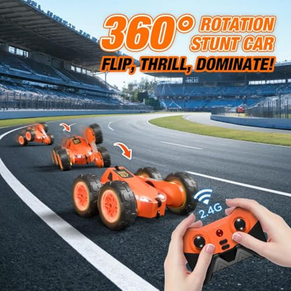 Remote Control Car, Rechargeable RC Cars & Remote 360° Flips Rotating 2.4Ghz 4WD All Terrain Stunt Race Car Toy Christmas Birthday Gift for Kids Boys 3-12 - style: Orange