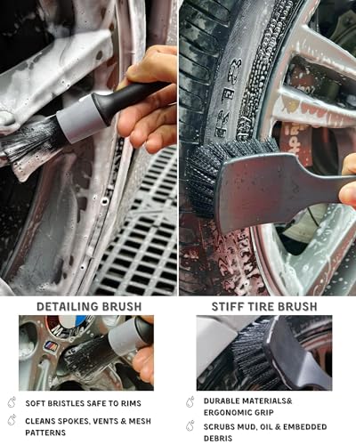 7PCS Pro-Grade Wheel Cleaning Kit: Long Handle Soft Wheel Brushes, Detailing Brush, Tire Scrubber, Wash Mitt, Hex-Logic Applicator & Microfiber Towel for Deep Car Detailing - size: 7 Packs