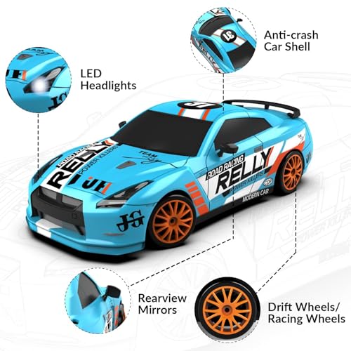 RACENT 1:24 Scale RC Drift Car, 10MPH 4WD Remote Control Car with LED Light, Racing and Drifting Wheels, 2 Rechargeable Batteries, Toy for Boys, Girls, Kids (Blue) - color: Cyan, size: 1:24 Scale