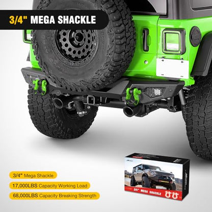 Nilight Mega D-Ring Shackles, 3/4" Heavy Duty Recovery Tow Shackle | 7/8" Screw Pin, 2Pcs Green, 68,000 lbs Break Strength(17,000 lb WLL), Forged Steel, Off-Road Recovery, Fits Tow Strap Winch - color: Green 3/4" 31 Ton 2 Pack, size: Shackle