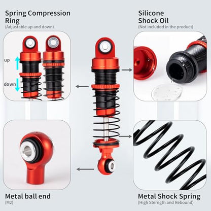 RCLIONS RC Car Shocks 42mm Oil Shock Absorber for FMS 1/18 FCX18 LC80 RC Crawler Car Upgrade Parts (Red) - color: Red