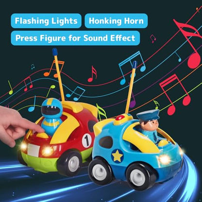 PREXTEX 2 Pack Cartoon Remote Control Cars for Toddlers - Police Car and Race Car with Steering Wheel Controllers and Lights - Different Frequencies Racing Together - Easter Toddler Gift 18+ Months. - style: Police/Race Car