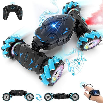 Pristar RC Cars Gesture Sensing Stunt Car, Best Gifts for Boys 6-12 | 2.4Ghz Remote Control Car Toys for Boys Age 6 7 8 9 10 11 12, Double Sided Flip 360° 4WD Off-Road with Spray Lights Music - color: Blue-black